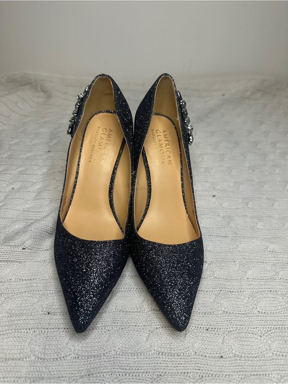 Badgley Mischka Navy Glitter Pointed Toe Pumps with Side Embellishment